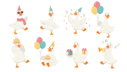 Cute Goose Birthday Party Set with Balloons, Cake and Gifts, Funny Cartoon Geese Celebrating Birthday © Jevgeniya Mukhitova