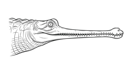 Naklejka premium Gavial Illustration: A detailed black and white illustration showcases the unique elongated snout and eye of the gavial. capturing its intricate details.