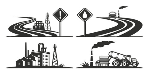 A collection of black and white road signs and symbols depicting various warnings and directions Vector © RABBY