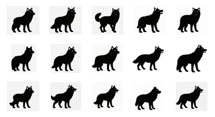 Obraz premium Collection of wolf silhouettes in various poses on grid background for design use