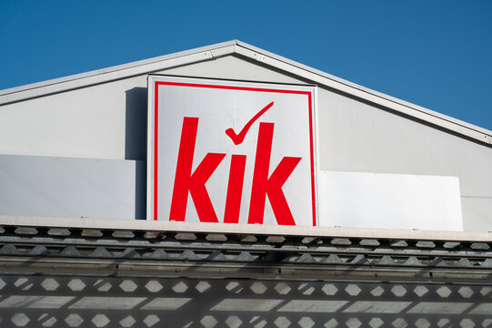 Kik logo sign, brand store chain, cheap clothes, home decoration items, household goods, company branch shop in city, Trier, Germany