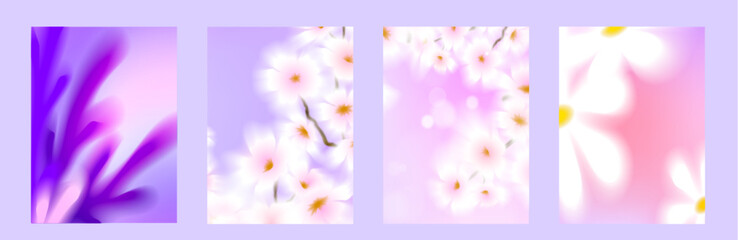 Naklejka premium Blurred spring flowers on gradient pastel background. Vector realistic illustration of beautiful floral poster designs set, delicate pink and purple watercolor flowers, botanical greeting card motifs