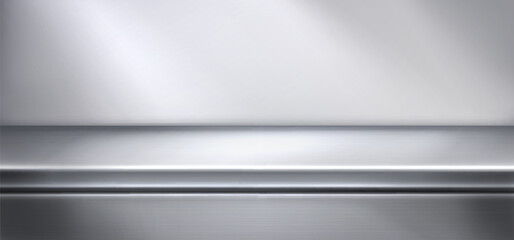 Plakat Steel kitchen counter with shiny metal surface. Modern 3D realistic vector background for product display. Empty glossy countertop in grey tones with steel texture and clean design.
