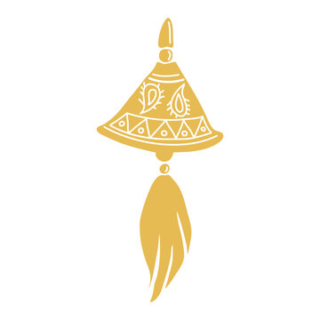 Traditional Indian bell ghanta in desi style decoration. Hand drawn vector illustration isolated. Holiday and festival design, for oriental magazines, maps greeting cards, Holi Diwali clip arts.