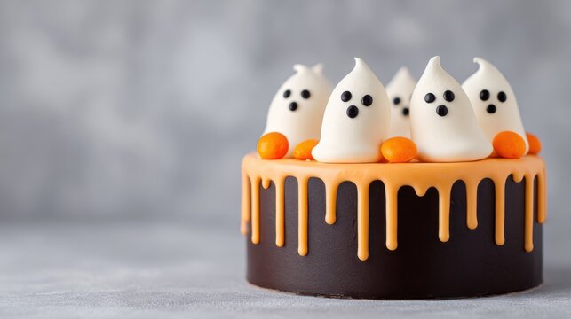 A playful Halloween cake featuring a cheerful ghost.