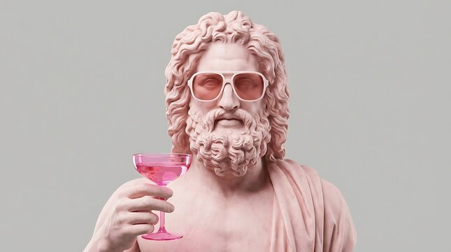 Front view of a pink Greek god statue bust wearing sunglasses and holding a cocktail glass