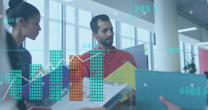 Report handoff initiating growing data charts as man in red explaining results in business meeting