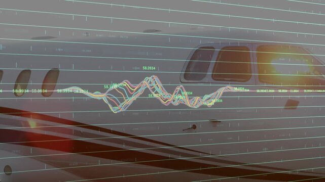 Private-jet fuselage undergoing sensor scan, generating waveform overlay for avionics check