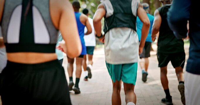 Legs, people and marathon competition in nature for fitness challenge, sport event and running. Back, shoes of runners and race contest at park for endurance test, jogging pace and cardio performance