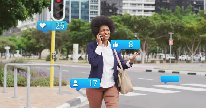 Starting on crosswalk, worker walking, talking on phone, icons popping up showing rising engagement