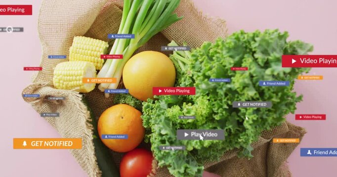 Kale, corn centered with badges appearing right, sliding, fading, driving food marketing