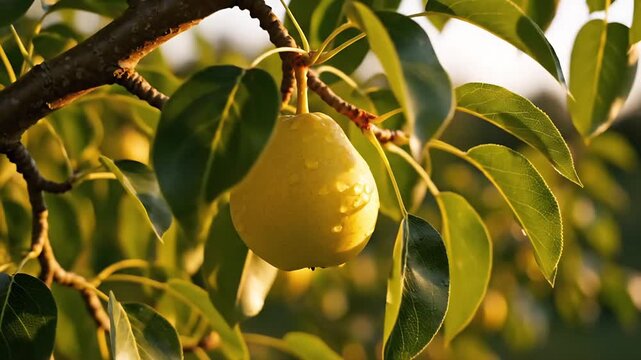A ripe pear hanging from a tree branch amidst lush green leaves, illuminated by sunlight. The pear exudes freshness and vitality, showcasing the beauty of nature.