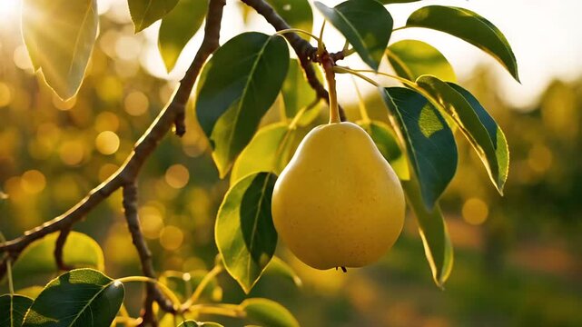 A ripe pear hanging on a branch of a pear tree, with the sun's warm light filtering through the leaves. The image evokes a sense of abundance and the natural beauty of harvest time.