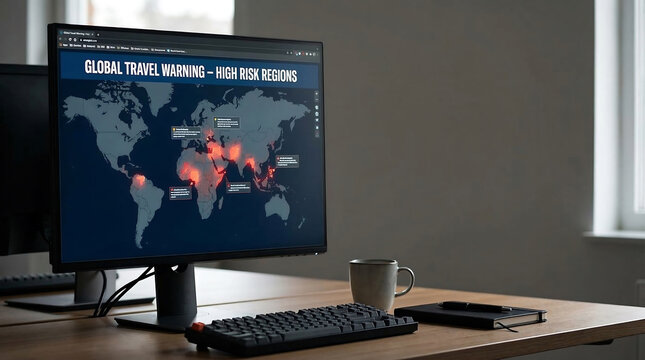 Urgent Travel Warning High Alert Level Issued: Global Risk Regions Displayed on a Computer Monitor for International Assessment.