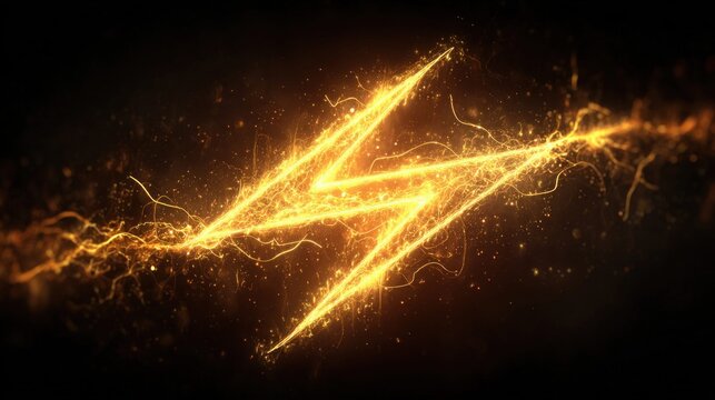 Bright golden lightning bolt with sparkling particles on a dark background