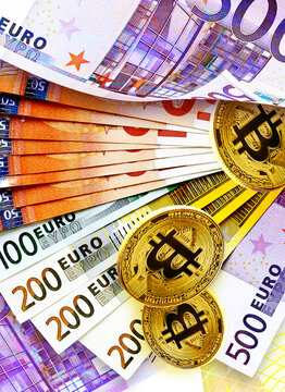 Bitcoin coins and banknotes of European Union
