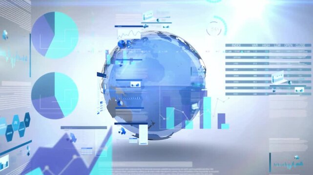 Program launching, graphic intro rotating globe and revealing charts signaling global business news