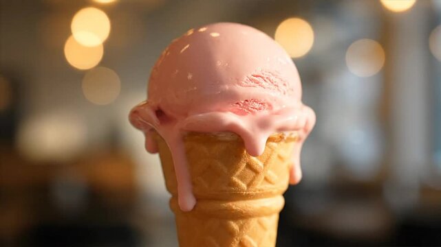 Melting Pink Ice Cream Cone Closeup.