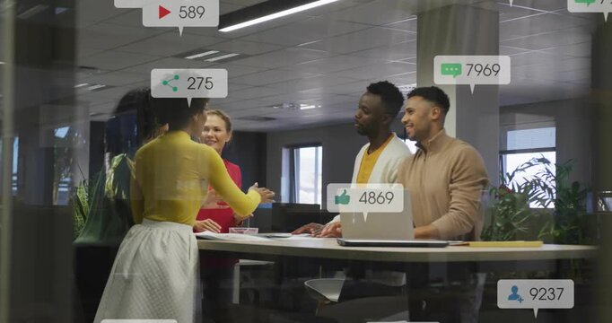 Team of five discussing at laptop, marketing metrics appearing, moving to huddle celebrating growth