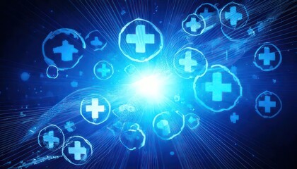 Abstract Blue Medical Crosses Background with Glowing Light.