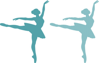 Two teal ballerinas in arabesque pose one solid one striped © Shabuj