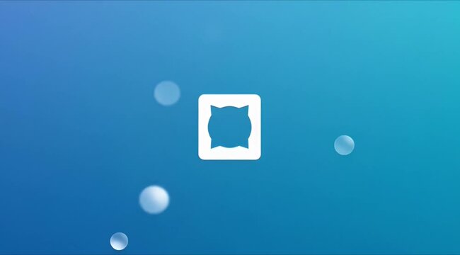 Modern blue background with white logo and bubbles