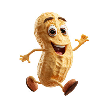 Happy anthropomorphic peanut character jumping isolated on white background