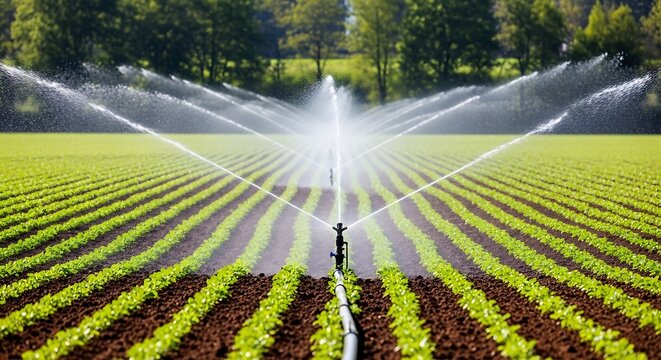 A vast agricultural field with crops being watered by a central pivot sprinkler system on a sunny day.