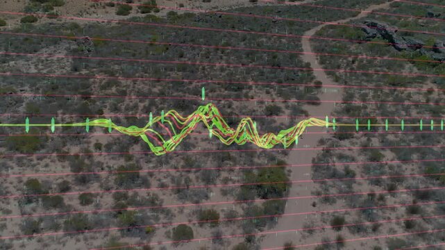 Vertical video: Waveform forming twin peaks above trail during drone ascent, showing survey data