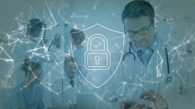 Lead doctor tapping tablet and starting pulsing shield linking team viewing xray securing data