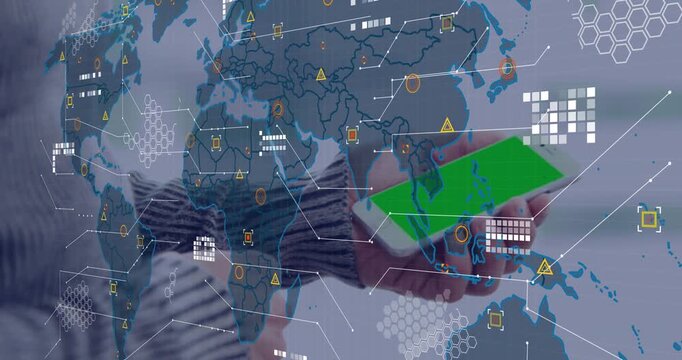 Hands holding smartphone and swiping, initiating translucent map overlay and showing tech data flow