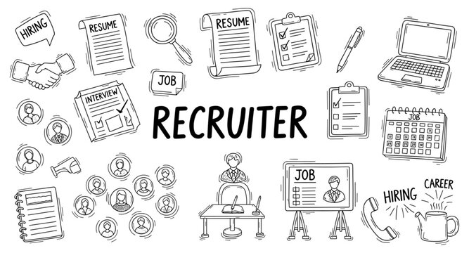 Recruiter hiring process icons and elements for job search and career development