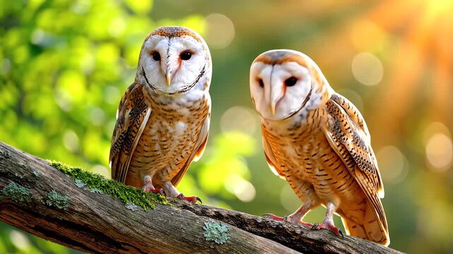 Owl, barn owl pair perched on a mossy branch in a sunlit forest. Nature wildlife portrait of two beautiful owls in natural habitat.