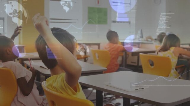 Classroom boy raising hand from teacher prompt while HUD overlays showing on desks and chart rising