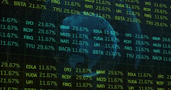 Dashboard receiving live feed, updating % tickers, settling columns around dotted globe for finance