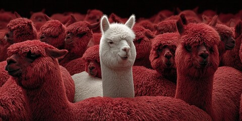 Fototapeta premium Unique white alpaca stands out amongst a herd of red alpacas in a striking contrast