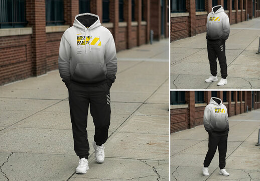Walking Pose Hoodie Pants Apparel Mockup Set