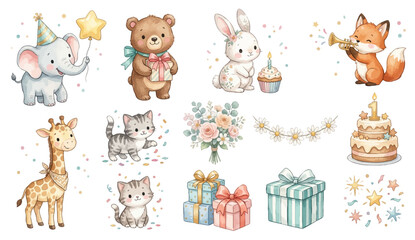 Obraz premium Baby birthday party animal set. Cute baby animals birthday elements set with elephant, bear, bunny, fox. Collection of Vector illustrations. Perfect for invitation, card, poster, banner, decoration