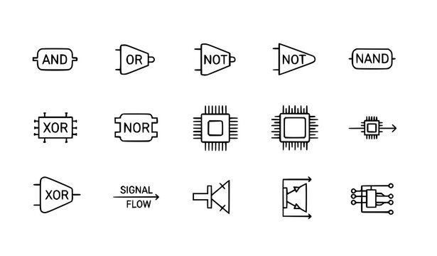 A collection of digital circuit icons and symbols in a minimalist vector graphic design