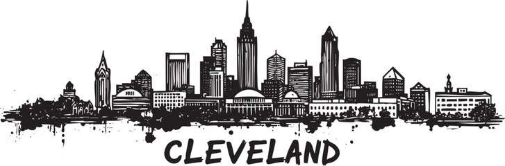 Cleveland city skyline silhouette drawing graphic art famous urban landmark illustration © Bakalia