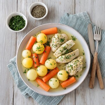 plate of poule au pot with carottes and mini navets on white background.