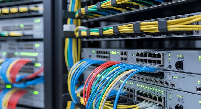 close-up of colorful ethernet cables plugged into network switches in server room