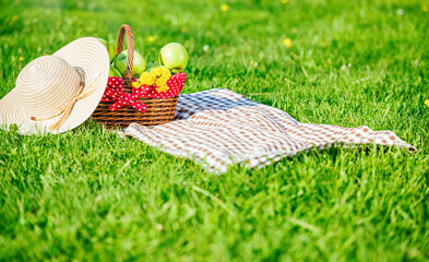 Picnic basket and hat on grass outdoor scene