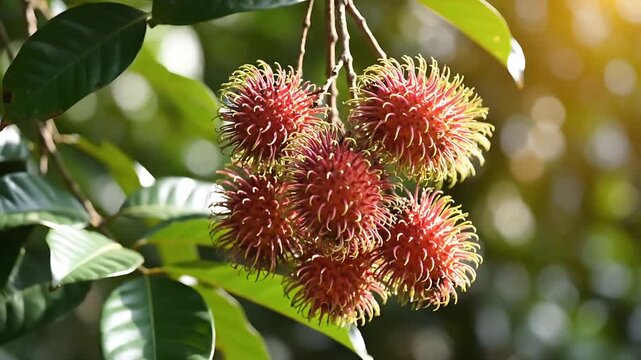 Exotic rambutans hanging from a tree, ready for harvest. These tropical fruits are a delightful treat.