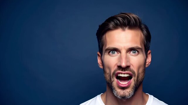40〜50代男性が怒鳴っている様子のハーフボディクローズアップをフレーム最右端に配置。左側90％は完全にクリーンなネガティブスペースで、ラグジュアリーなヘッドラインやキャンペーンコピーに最適。 自然にブレンドされたソルト＆ペッパーヘア。丁寧に整えられた身だしなみ。 ダークネイビーのテーラードジャケットに、ノータイのクリスプな白シャツ。
