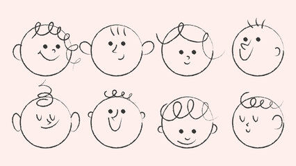 Cute doodle crayon face set. Different funny faces stickers. Modern isolated vector illustration.