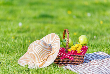 Picnic basket and hat on grass outdoor scene