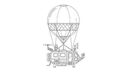 Imaginary Hot Air Balloon Vehicle Illustration: An intricately detailed line art illustration of a unique hot air balloon vehicle. The design incorporates a spherical balloon atop a futuristic.