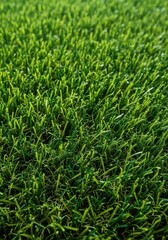 Fototapeta premium A vibrant green carpet of durable synthetic grass blades designed for low maintenance landscaping, creating a perfect, evergreen lawn environment, realistic, outdoor, clean