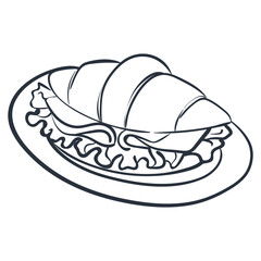 Croissant sandwich with cheese and lettuce on plate. Hand drawn line illustration of bakery food for cafe menu, packaging and food design.